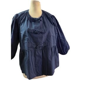 Velvet Heart Blue  Tie Front Peplum Top  M Cotton Puff Sleeve